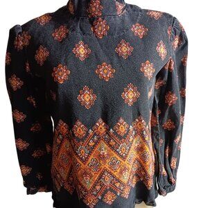 Vintage Medium 1970's Top 1OF1 High-Neck Blouse Zip Back & Geometric Pattern